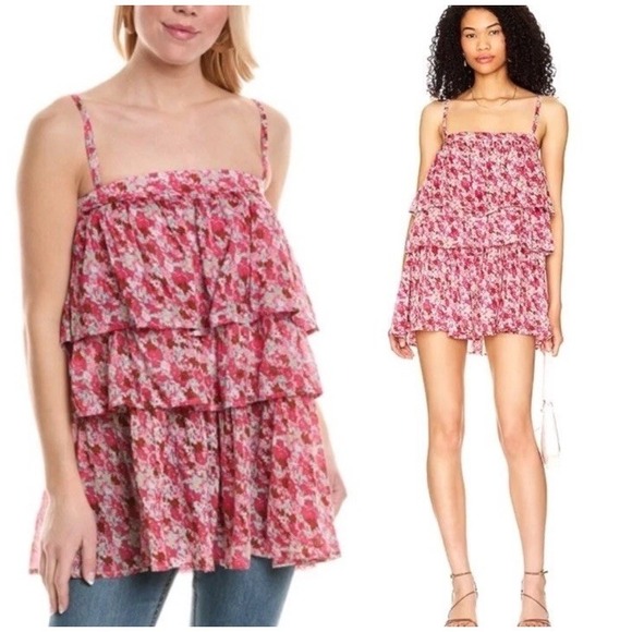 Free People Dresses & Skirts - Free People Talia Tunic Top Tiered Ruffle Dress Floral Print Pink Combo Medium